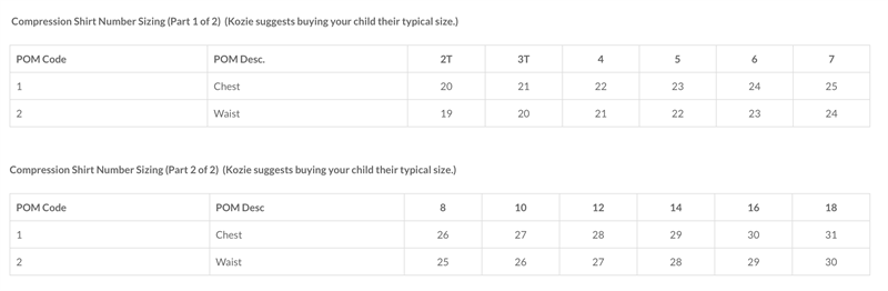 Kozie Clothes Double Take Compression Shirt in Gray, White and Black|Kozie Clothes Double Take Compression Shirt in Black with Child|Compression Shirt Size Chart