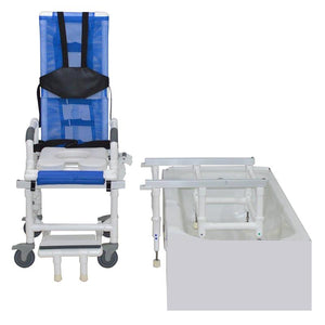 MJM Tilt-N-Space Slider Shower Chair on rolling base detached to tub base