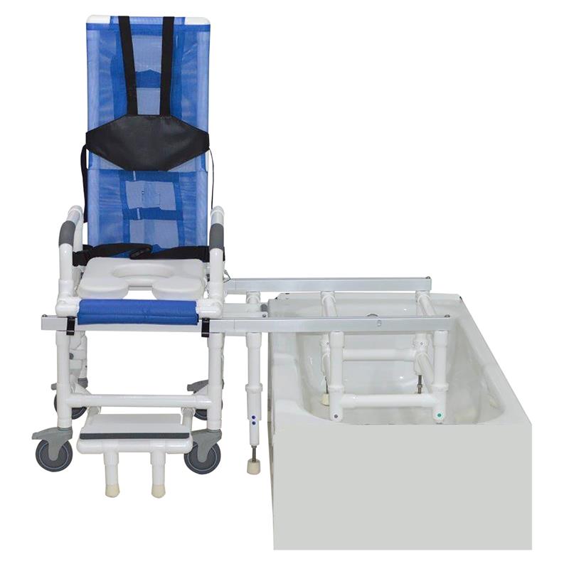 MJM Tilt-N-Space Slider Shower Chair on rolling base attached to tub base