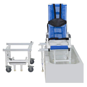 MJM Tilt-N-Space Slider Shower Chair on tub base detached to rolling base