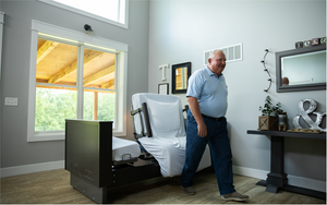 The height adjustable bed is the perfect height for standing on your own