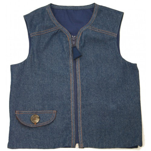 Child wearing the Kozie Clothes Signature Denim Weighted Vest|Back view of the Kozie Clothes Signature Denim Weighted Vest|Pockets allow users to add or subtract weight from vest at will|Vest is easy to zip with tassle zipper|Inside is made from durable cotton with 5 pockets to insert weights|Add and subtract weights as needed|Stylish gold stitching|Additional weights can be purchased