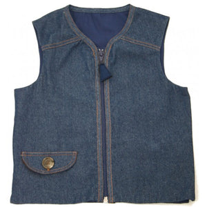 Child wearing the Kozie Clothes Signature Denim Weighted Vest|Back view of the Kozie Clothes Signature Denim Weighted Vest|Pockets allow users to add or subtract weight from vest at will|Vest is easy to zip with tassle zipper|Inside is made from durable cotton with 5 pockets to insert weights|Add and subtract weights as needed|Stylish gold stitching|Additional weights can be purchased