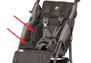Padded Hip and Back Laterals, headrest and 5 point harness for EIO Push Chair