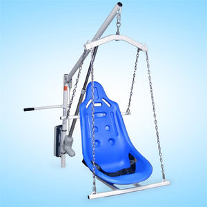 Aqua Creek Power EZ2 Pool or Boat Lift with user in sling|Aqua Creek Power EZ2 Pool or Boat Lift used with anchor|Aqua Creek Power EZ2 Pool or Boat Lift used as a boat lift|Use the Aqua Creek Power EZ2 Pool or Boat Lift on the dock!|Optional hard seat is made from hard plastic|Cover is available in three colors and a fade resistant blue|Hand controller comes standard and is waterproof|Solar powered battery charger keeps your battery constantly charged|Optional Anchor Kits for EZ2 pool lift