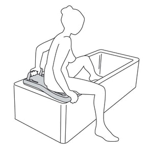 Etac Fresh Bath Board is available without the orange safety handle|Etac Fresh Bath Board with optional safety handle|Etac Fresh Bath Board Step One|Etac Fresh Bath Board in use|Etac Fresh Bath Board Step Two|Etac Fresh Bath Board Step Three