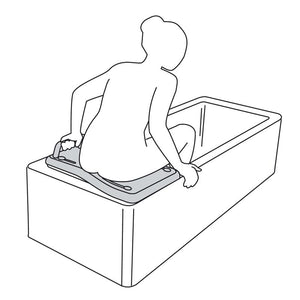 Etac Fresh Bath Board is available without the orange safety handle|Etac Fresh Bath Board with optional safety handle|Etac Fresh Bath Board Step One|Etac Fresh Bath Board in use|Etac Fresh Bath Board Step Two|Etac Fresh Bath Board Step Three