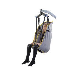 Joerns Hoyer Full Back Polyester Sling with user|Joerns Hoyer Full Back Polyester Sling|Joerns Hoyer Full Back Mesh Sling with closeup of fabric