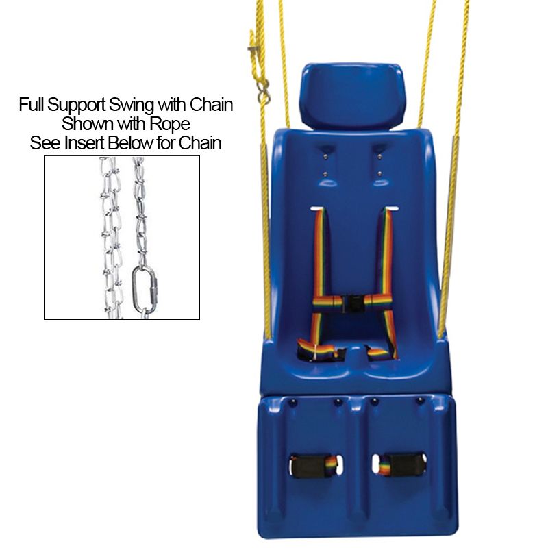 |Skillbuilders Full Support Swing Seat with Chain shown with rope and chain|Close up on head rest that comes with full support package|Close up on leg supports that come with full support package|Optional seat cover keeps seat clean and easy to maintain|Optional tie-down retention straps are durable and light