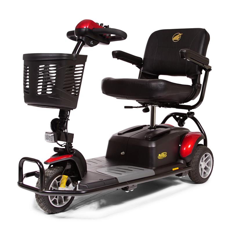 Front view of Golden Buzzaround Bumper Kit on 3-Wheel scooter|Golden Buzzaround Bumper Kit on 3-Wheel scooter|Golden Buzzaround Bumper Kit on 4-Wheel scooter|Back view of the Golden Buzzaround Bumper Kit|Use the Golden Buzzaround Bumper Kit to stand your scooter up