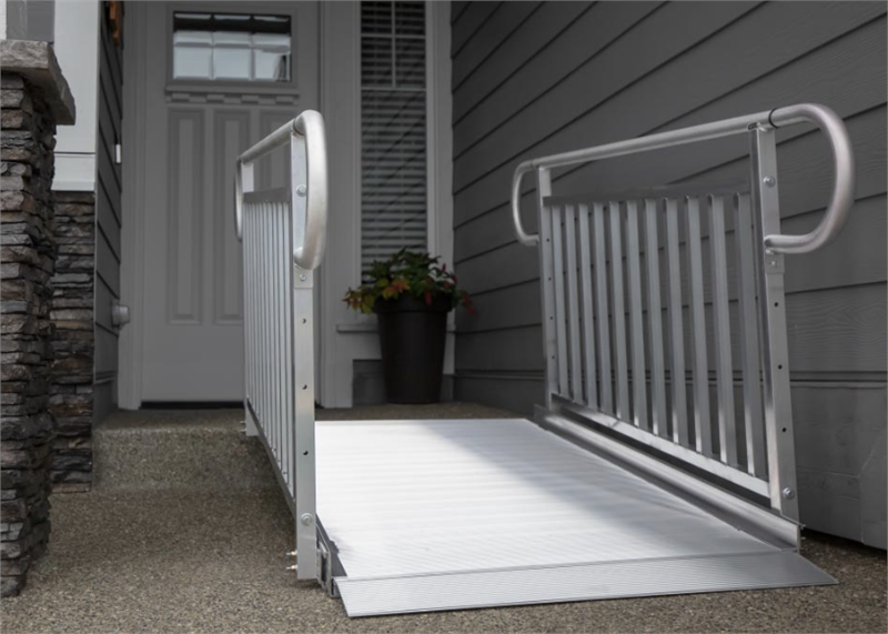 Gateway 3G Solid Surface Portable Ramp without handrails|EZ Access Gateway 3G Solid Surface Portable Ramp with opt two-line handrail|Gateway 3G Solid Surface Portable Ramp with opt vertical picket handrails|Non-slip surface with durable grip for several mobility devices