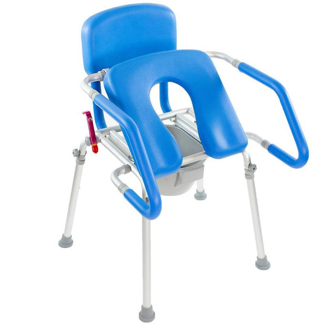 Gentleboost Uplift Assist 3-in-1 Shower and Commode Chair by Platinum Health|Gentle, spring-loaded mechanism lifts users to standing position|Lever for spring mechanism is easy to access|Seat comes with two commode pans|Dimensions for spring loaded seat