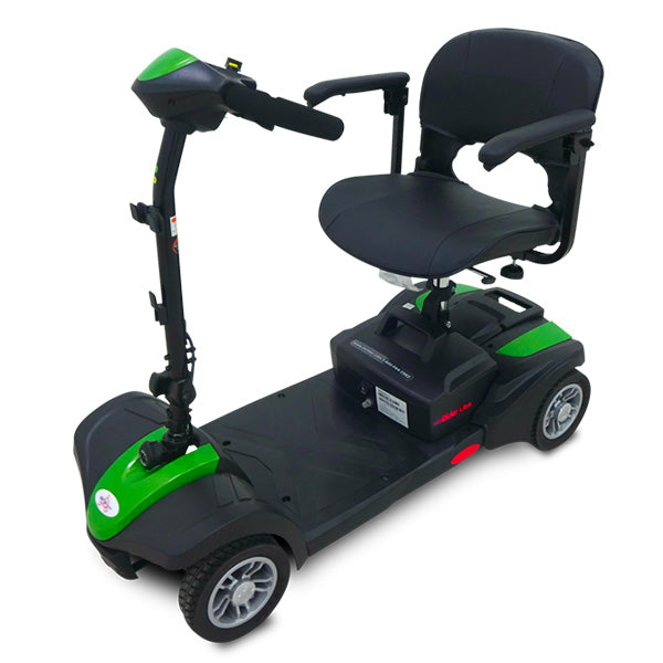 MiniRider Lite 4-Wheel Scooter by EV Rider in Pearl Green|MiniRider Lite 4-Wheel Scooter by EV Rider in Silver|MiniRider Lite 4-Wheel Scooter by EV Rider in Red|MiniRider Lite in Rose Gold shown with saddle bag storage|MiniRider Lite 4-Wheel Scooter by EV Rider Blue currently unavailable|Optional Tiller and Seat Cover set ( 2pc)|Optional deluxe cup holder|OPtional Deluxe Tiller bag|Optional Electric Horn with 3 sounds