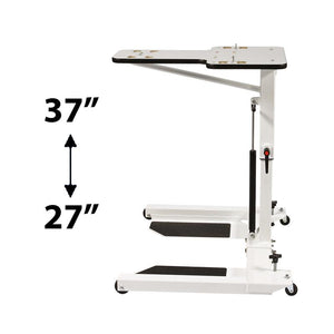 HCI Hydraulic UBE Table|Adjustable Arm adjusts height from 27"-37 and hydraulic pump|Turn knob allows user to lock casters in place to keep table more sturdy|Height adjustment allows for a variety of users to enjoy use of table|User with the HCI Hydraulic UBE Table and the Monark Ergometer
