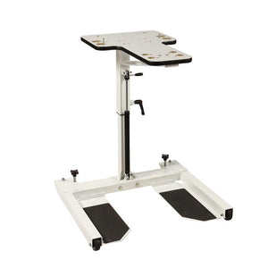 HCI Hydraulic UBE Table|Adjustable Arm adjusts height from 27"-37 and hydraulic pump|Turn knob allows user to lock casters in place to keep table more sturdy|Height adjustment allows for a variety of users to enjoy use of table|User with the HCI Hydraulic UBE Table and the Monark Ergometer