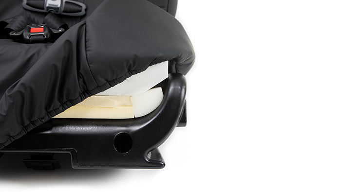 Inspired By Drive Spirit Spica Car Seat with Positioning Wedges|Side view of Spica car seat without positioning wedges|Inspired By Drive Spirit Spica Car Seat without Positioning wedges|Closeup of two positioning wedges for Spica Car Seat by Inspired by Drive|Closeup of buckle closure for Spica Car Seat|Two memory foam positioning wedges come standard with Spica Car seat|Memory Foam padding throughout entire Spica Car Seat by Inspired By Drive