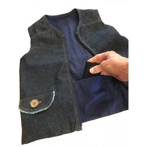 Child wearing the Kozie Clothes Signature Denim Weighted Vest|Back view of the Kozie Clothes Signature Denim Weighted Vest|Pockets allow users to add or subtract weight from vest at will|Vest is easy to zip with tassle zipper|Inside is made from durable cotton with 5 pockets to insert weights|Add and subtract weights as needed|Stylish gold stitching|Additional weights can be purchased