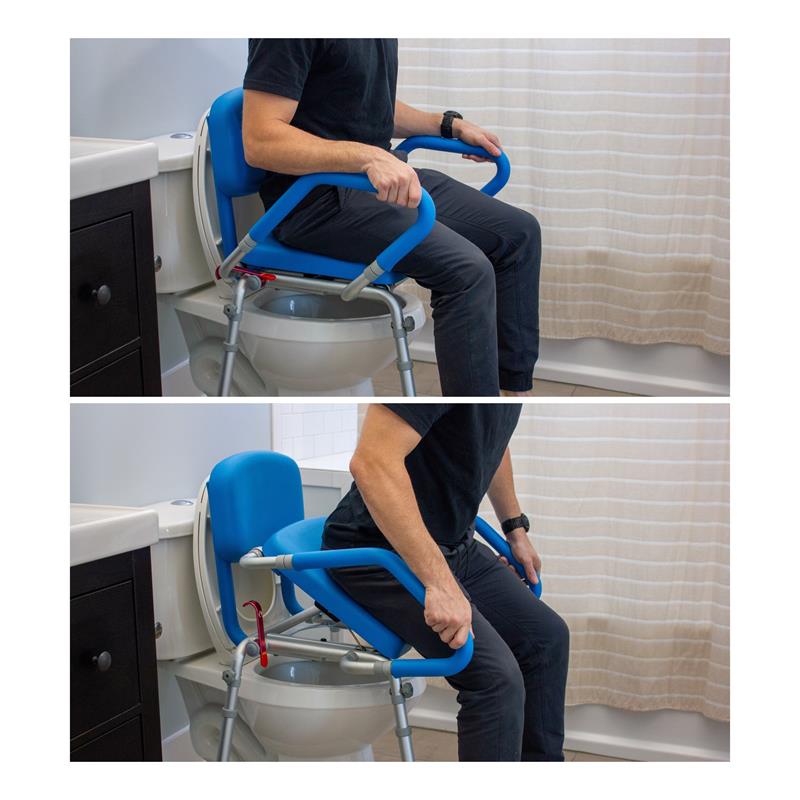 Gentleboost Uplift Assist 3-in-1 Shower and Commode Chair by Platinum Health|Gentle, spring-loaded mechanism lifts users to standing position|Lever for spring mechanism is easy to access|Seat comes with two commode pans|Dimensions for spring loaded seat