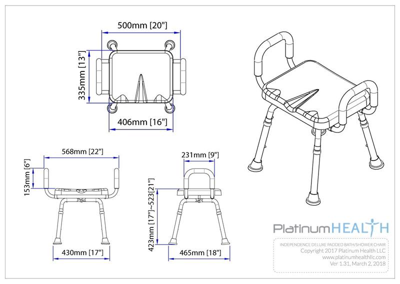 Independence Padded Shower Chair by Platinum Health|User on the Independence Padded Shower Chair|Soft padding is splash proof and warm to the touch|Independence Padded Shower Chair diagram with measurements