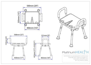 Independence Padded Shower Chair by Platinum Health|User on the Independence Padded Shower Chair|Soft padding is splash proof and warm to the touch|Independence Padded Shower Chair diagram with measurements
