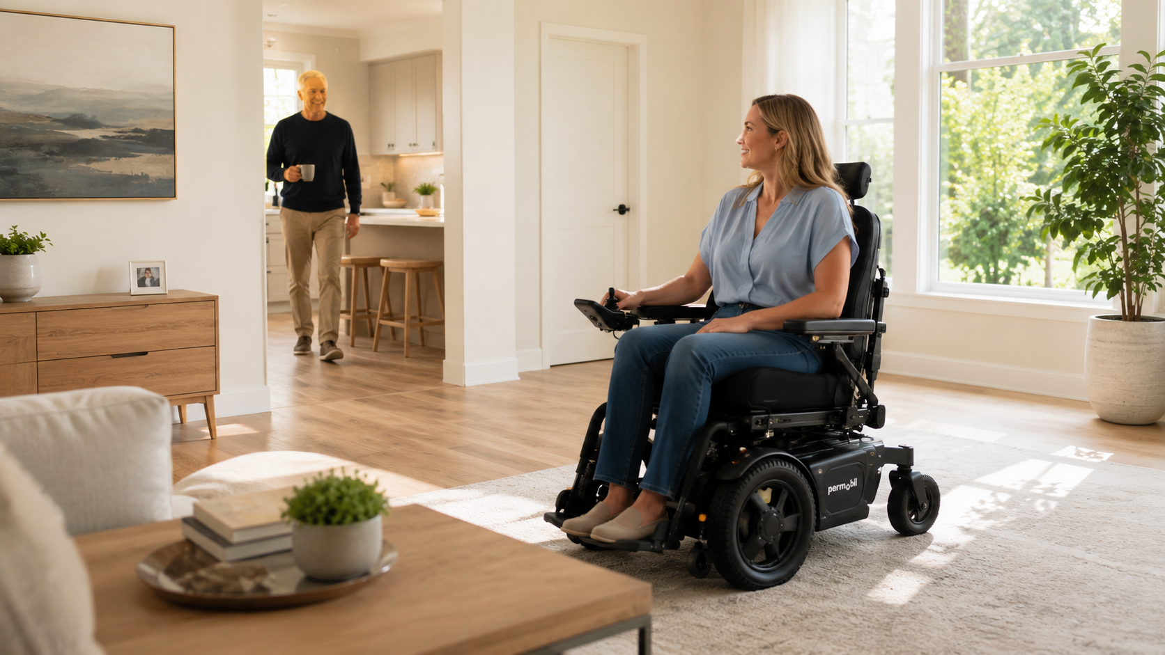 A woman in a light blue blouse and jeans sits in a black motorized wheelchair with a headrest, positioned in a bright, modern living room. A man is visible in the background near a kitchen area.