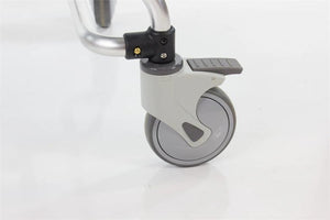 Laguna Reclining Shower Chair comes in a high visibility blue|Tilting chair reclines up to 165 degrees|Laguna Reclining Shower Features|Comfortable headrest comes standard, and creates ease of washing|Laguna Reclining Shower Chair Armrests|Laguna Reclining Shower Chair two piece flip up footplate|Laguna Reclining Shower Chair No-Rust composite casters with brakes|Laguna Reclining Shower Chair diagram with tilting angles