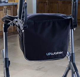 UPWalker Lite Mobility Stand Up Walking Aid by LifeWalker|UPWalker Lite Mobility Stand Up Walking Aid by LifeWalker with user|Optional flashlight attaches to your walker to light dark paths|Add tons of storage with the Luxury Personal Item Bag|Great for shopping trips, the optional Shopping Bag straps on the front