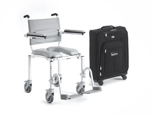 Folding Rolling Shower Chairand Commode by Nuprodx|8" Wide Commode Opening 4" Slot|Optional Swing-Away Arms|2 Part Solid Cushion|Carrying Case with Casters|18"x10"x10" Standard Carrying Case|Optional B Drop Rail|Commode Pan is an optional accessory|Commode Pan Lowering Brackets|Calf Panel|Nuprodx Laterals|Nuprodx Hip Guides|BodyPoint Hip Belt