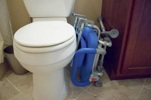 UltraCommode Folding Commode Chair in gray|UltraCommode Folding Commode Chair in blue|Fold compactly for ease of storage anywhere!|UltraCommode Folding Commode Chair folds compactly|Large commode pail comes standard|Chair is lightweight and portable|Seat can be used in the shower|UltraCommode Folding Commode Chair diagram