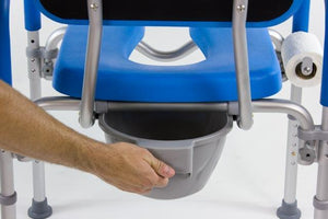 Seat comes in blue padding to make seat easier to see|Dignity Padded Commode is available in gray|Removable pail comes standard and easily slides out the back of seat|Adjust height from 20" to 24" without the use of tools|Rubber tips on legs allow users to stay safe when used as shower chair|Toilet paper holder can be used on left or right side|Dignity Padded Commode diagram with measurements