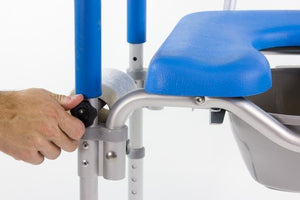 Seat comes in blue padding to make seat easier to see|Dignity Padded Commode is available in gray|Removable pail comes standard and easily slides out the back of seat|Adjust height from 20" to 24" without the use of tools|Rubber tips on legs allow users to stay safe when used as shower chair|Toilet paper holder can be used on left or right side|Dignity Padded Commode diagram with measurements