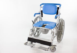 MaxiBathe Bariatric Self-Propelled Shower Chair by Platinum Health|Commode pail comes standard|Commode pail is easy to remove|Calf strap and footrests keep users comfortable while sitting|Footrests flip up so standing is easier and safer for users|Large self-propelling wheels