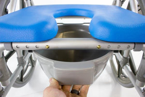 MaxiBathe Bariatric Self-Propelled Shower Chair by Platinum Health|Commode pail comes standard|Commode pail is easy to remove|Calf strap and footrests keep users comfortable while sitting|Footrests flip up so standing is easier and safer for users|Large self-propelling wheels