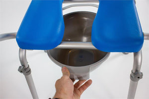 Gentleboost Uplift Assist 3-in-1 Shower and Commode Chair by Platinum Health|Gentle, spring-loaded mechanism lifts users to standing position|Lever for spring mechanism is easy to access|Seat comes with two commode pans|Dimensions for spring loaded seat