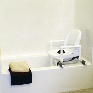 MJM Swiveling Tub Bather System facing forward|MJM Swiveling Tub Bather System facing forward inside tub|Swivels 360 degrees so transfers can be made from either side of tub