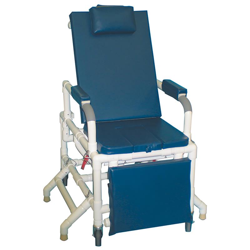 MJM Geri Chair Universal Patient Transfer System with Outriggers|Commode pan slides easily out for cleaning and emptying|Center section comes out for toileting or cleaning|Vinyl storage pouch comes standard for storage of center cut-out|Color selections available in vinyl fabric only