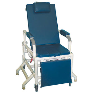 MJM Geri Chair Universal Patient Transfer System with Outriggers|Commode pan slides easily out for cleaning and emptying|Center section comes out for toileting or cleaning|Vinyl storage pouch comes standard for storage of center cut-out|Color selections available in vinyl fabric only