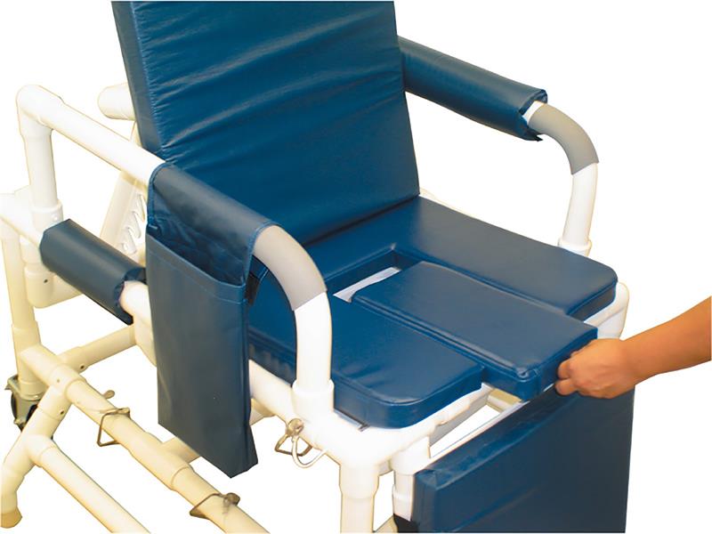 MJM Geri Chair Universal Patient Transfer System with Outriggers|Commode pan slides easily out for cleaning and emptying|Center section comes out for toileting or cleaning|Vinyl storage pouch comes standard for storage of center cut-out|Color selections available in vinyl fabric only