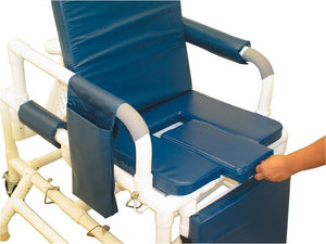 MJM Geri Chair Universal Patient Transfer System with Outriggers|Commode pan slides easily out for cleaning and emptying|Center section comes out for toileting or cleaning|Vinyl storage pouch comes standard for storage of center cut-out|Color selections available in vinyl fabric only