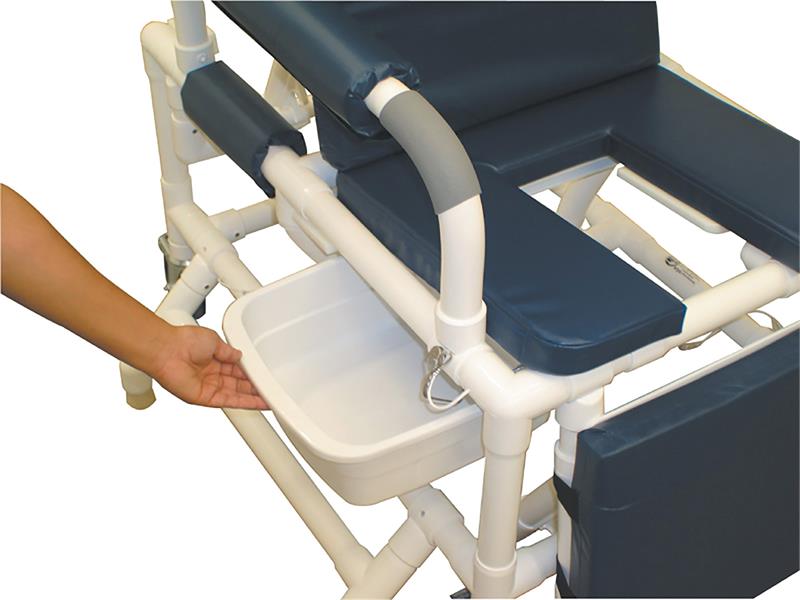 MJM Geri Chair Universal Patient Transfer System with Outriggers|Commode pan slides easily out for cleaning and emptying|Center section comes out for toileting or cleaning|Vinyl storage pouch comes standard for storage of center cut-out|Color selections available in vinyl fabric only
