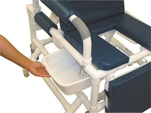 MJM Geri Chair Universal Patient Transfer System with Outriggers|Commode pan slides easily out for cleaning and emptying|Center section comes out for toileting or cleaning|Vinyl storage pouch comes standard for storage of center cut-out|Color selections available in vinyl fabric only