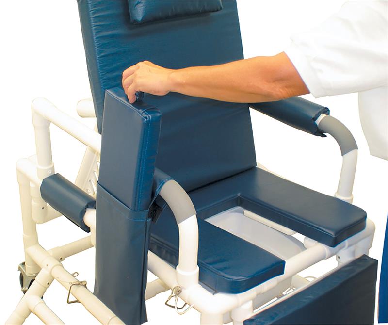 MJM Geri Chair Universal Patient Transfer System with Outriggers|Commode pan slides easily out for cleaning and emptying|Center section comes out for toileting or cleaning|Vinyl storage pouch comes standard for storage of center cut-out|Color selections available in vinyl fabric only