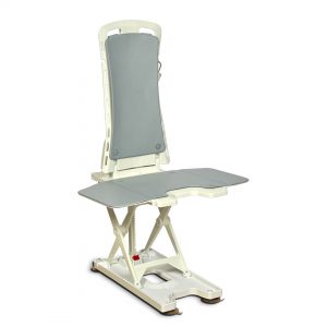 Side view shows seat flaps for ease of transfers from either side of tub