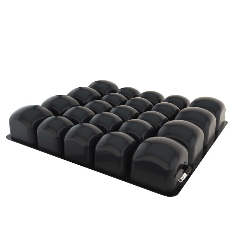 Roho Mosaic Cushion without cover shows individual air bladders|Roho Mosaic Cushion with half cover shows that cover can be easily removed|Roho Mosaic Cushion with 2-way stretch cover. Breathable and lightweight