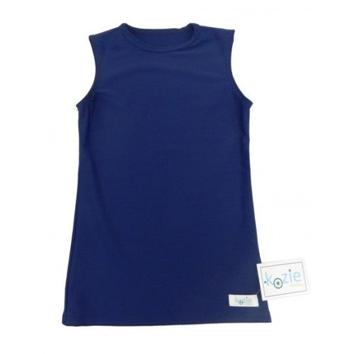 Kozie Clothes Simply Sleeveless Sensory Compression Shirt|Simply Sleeveless Sensory Compression Shirt in Navy|Simply Sleeveless Sensory Compression Shirt in White|Simply Sleeveless Sensory Compression Shirt in Black|Simply Sleeveless Sensory Compression Shirt in Steel Gray|Simply Sleeveless Sensory Compression Shirt in Blush Pink|Little girl wearing Black Simply Sleeveless Sensory Compression Shirt|Kozie Clothes Compression Shirt Size Chart