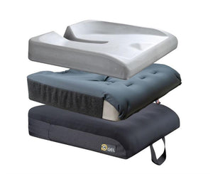 Precision Comfort Gel Cushion |Exploded view if different layers in PC Gel|PC Gel Shown on an Avid Vector powerchair|Label view of PC Gel|PC Gel Pictured on a Vision Sport