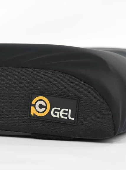 Precision Comfort Gel Cushion |Exploded view if different layers in PC Gel|PC Gel Shown on an Avid Vector powerchair|Label view of PC Gel|PC Gel Pictured on a Vision Sport