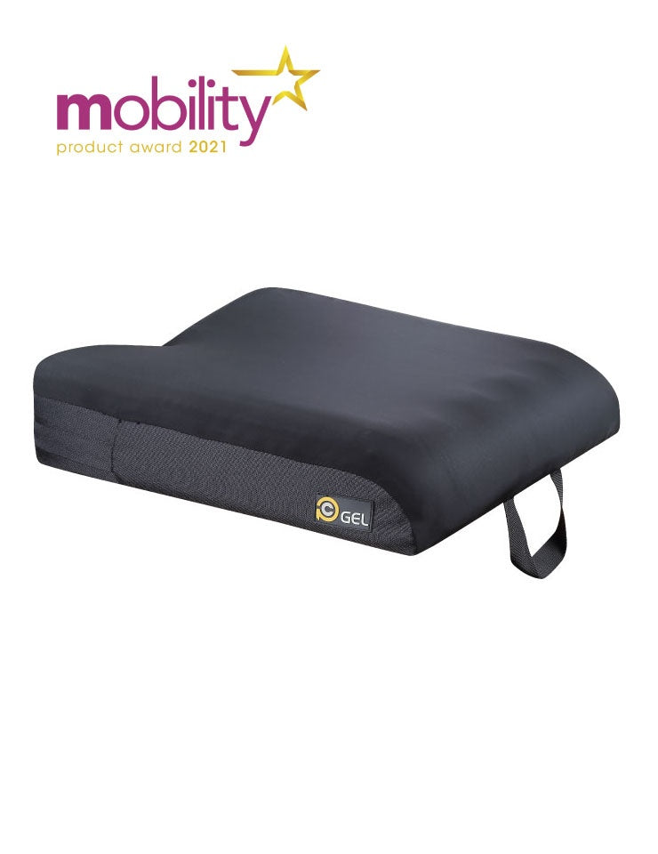 Precision Comfort Gel Cushion |Exploded view if different layers in PC Gel|PC Gel Shown on an Avid Vector powerchair|Label view of PC Gel|PC Gel Pictured on a Vision Sport