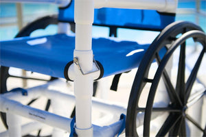 PVC Pool Access Chair with 3 sizes, use in pools, showers and locker rooms. |PVC Pool Access Chair working with zero entry pools or pools with ramps|PVC Pool Access Chair has adjustable height armrests||Optional Seat Belt with a velcro close