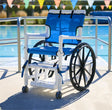 PVC Pool Access Chair with 3 sizes, use in pools, showers and locker rooms. |PVC Pool Access Chair working with zero entry pools or pools with ramps|PVC Pool Access Chair has adjustable height armrests||Optional Seat Belt with a velcro close